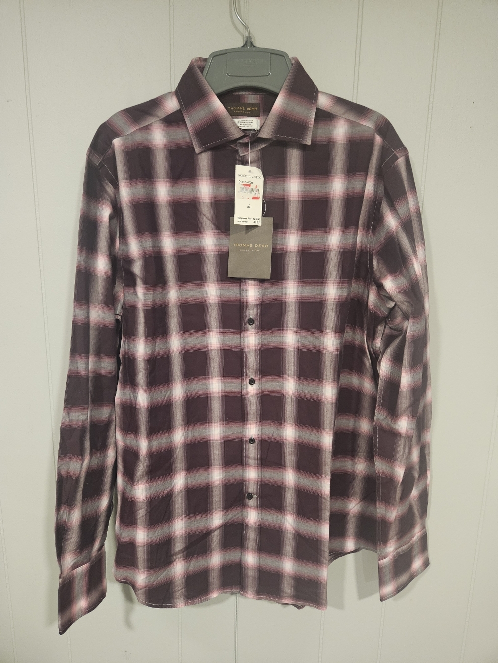 Thomas Dean Collection Mens Large Burgundy Plaid Button Up Shirt Long Sleeve NWT